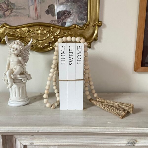Decorative Books for Home Decor, White Faux Books for Decoration, Rustic Farmhouse Stacked Display Books with 52in Wood Bead Garland for Coffee Tables Living Room, (Home Sweet Home) - Image 7