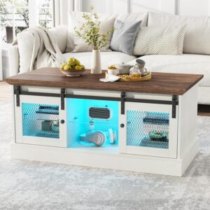 Vabches Coffee Table with Storage and Sliding Barn Doors, Farmhouse & Industrial Wood Square Table with LED Lights Adjustable Shelves, Rustic Center Rectangular Cabinet for Living Room, White Brown
