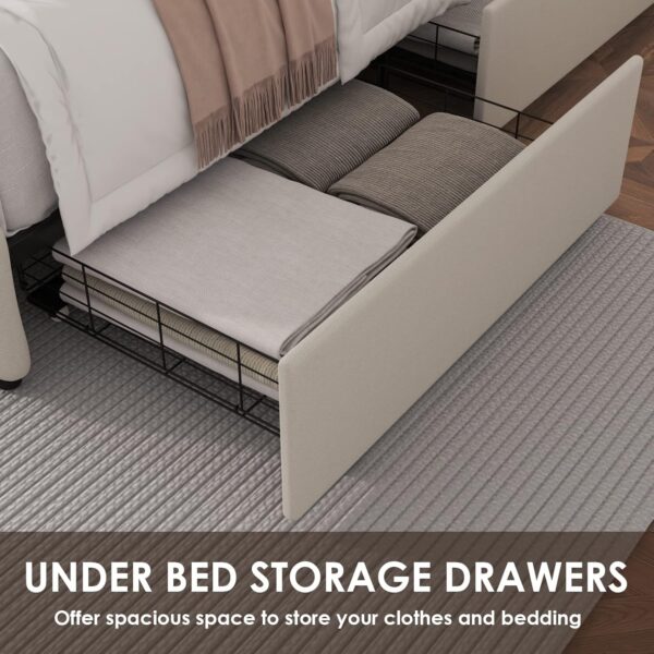 Queen Bed Frame with 4 Storage Drawers and Adjustable Headboard, Upholstered Platform Bed with Button Tufted Design, Strong Wooden Slats Support, No Box Spring Needed, Fabric, Cream - Image 4