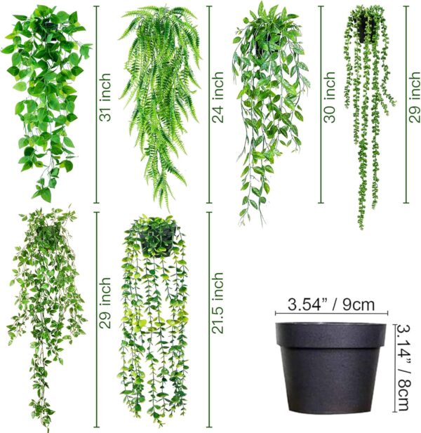 Sggvecsy Fake Hanging Plants 6 Pack Artificial Hanging Eucalyptus Plants Potted Greenery Faux Mandala Vine String of Pearls Boston Fern Ivy Vine Leaves Pea Pod for Home Indoor Outdoor Shelf Wall Decor - Image 5