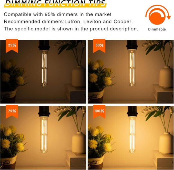 Tubular Light Bulb 7.3 Inch Dimmable T10 LED Bulb E26 6W 60 Watts Edison Bulbs 2700K Solf White,185mm Long for Wall Sconces, Pendant, Livingroom, 4-Pack - Image 4