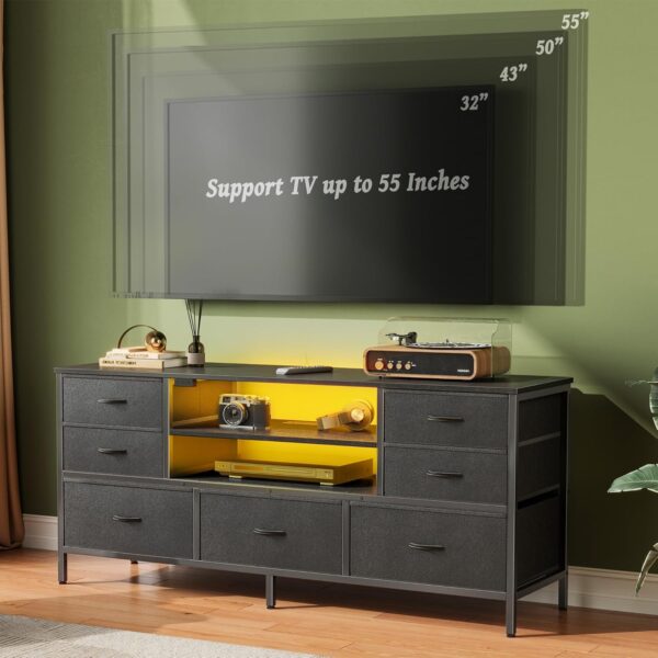 Dresser for Bedroom with Power Outlets and LED Lights, 7 Drawers TV Stand Dresser for 55 Inch TV, 47 Inches TV Console with Open Shelf, Wide Black Dresser, PU Leather, for Bedroom - Image 2