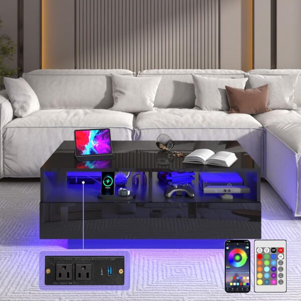 St.Mandyu LED Coffee Table with Storage Drawers,Modern High Glossy Center Table with 20 Colors LED Lights for Living Room (Black) - Image 2