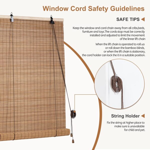 Bamboo Roller Blinds Bamboo Shades Roll Up Light Filtering Window Curtains for Interior Home Patio Porch Brown 72''W X 72''H - Image 4