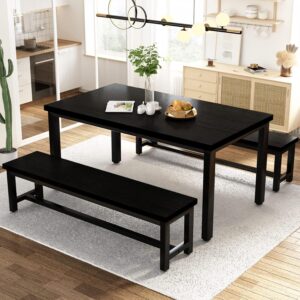 AWQM Dining Room Table Set, Kitchen Set with 2 Benches, Ideal for Home, and Room, Breakfast of 43.3x23.6x28.5 inches, Benches 38.5x11.8x17.5 Black