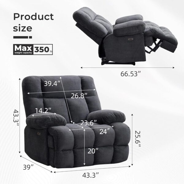 Oversized Power Recliner Chairs for Adults, Electric Reclining Chairs for Big Man, Soft Fabric Overstuffed Single Recliners Chair for Living Room, Theater Seating Chair with USB Charging Port, Blue - Image 2