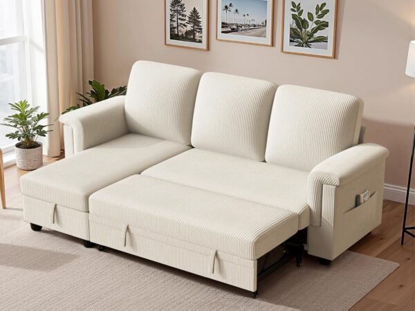 YESHOMY Sectional Modular Sofa U Shaped Chenille Fabric Couch with High Supportive & Soft Sponges and Removable Ottoman, Sleeper Comfy Upholstered Furniture for Living Room, Cream White - Image 3