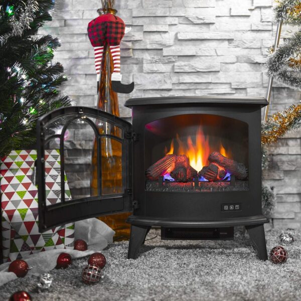 Della 17 Inch 1400W Compact Freestanding Portable Electric Fireplace Stove Heater with Realistic 3D Flame Effect, Infrared Quartz Indoor Heat, Faux Logs - Black - Image 2
