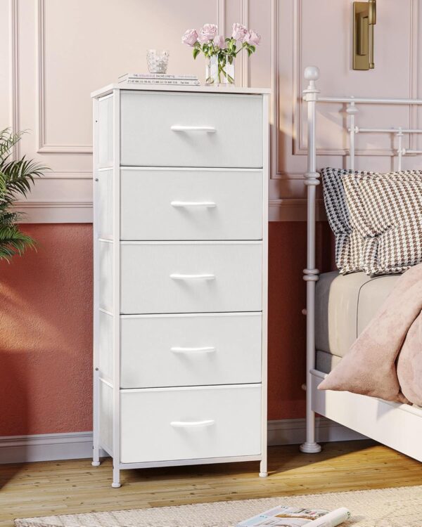 Crestlive Products Tall Dresser Vertical Storage Tower - Sturdy Steel Frame, Wood Top, Easy Pull Fabric Bins - Organizer Unit for Bedroom, Hallway, Entryway, Closets - 5 Drawers(White) - Image 2