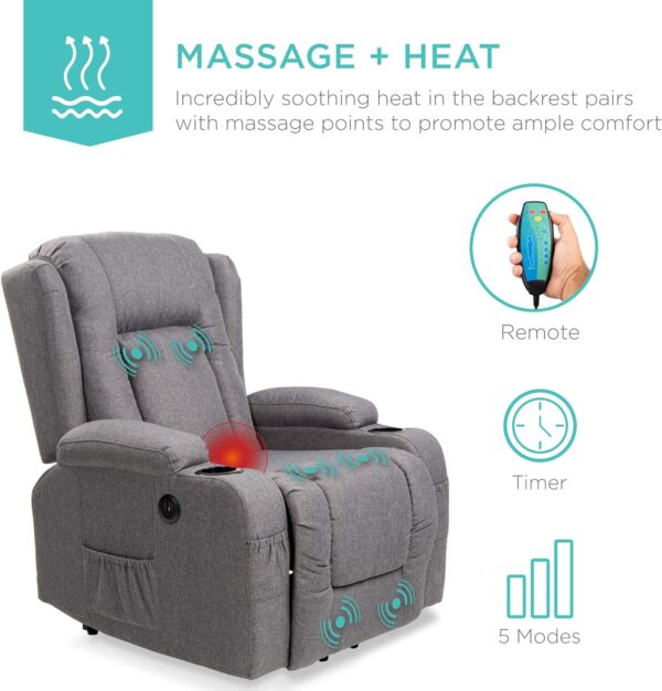 Best Choice Products Modern Linen Electric Power Lift Chair, Recliner Massage Chair, Adjustable Furniture for Back, Legs w/ 3 Positions, USB Port, Heat, Cupholders, Easy-to-Reach Button - Gray - Image 5
