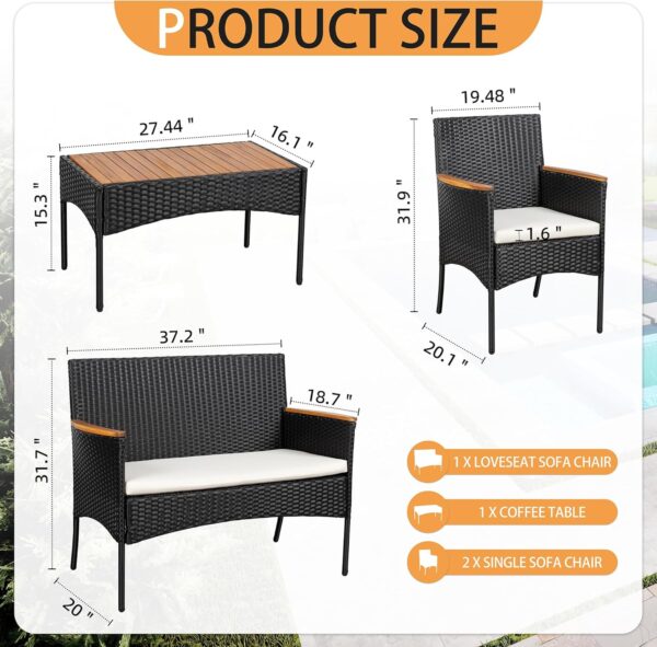 Shintenchi 4-Piece Patio Furniture Set, Outdoor Wicker Patio Conversation Furniture Set with Cushions and Wooden Tabletop for Paito Lawn Backyard, White Cushion - Image 3