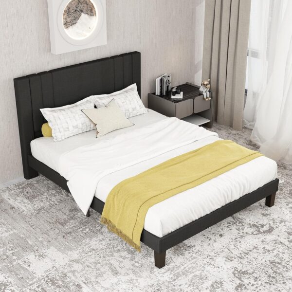 Queen Size Bed Frame, Linen Fabric Upholstered Platform with Headboard (Dark Black, Queen (U.S. Standard)) - Image 3