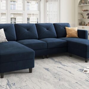 HONBAY Velvet Sectional Sofa with Chaise U Shaped Sectional Couch 4 Seat Sofa for Living Room, Dark Blue