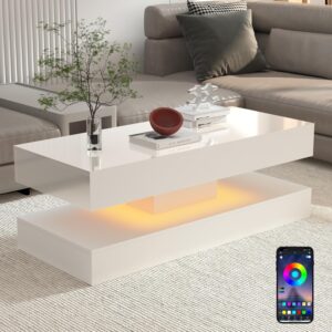 Uspeedy 47.3IN High Glossy LED Coffee Table,APP LED Lights,Black/White, Modern Furniture for Living Room (White)