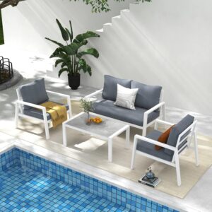 Soleil Jardin 4-Piece Aluminum Outdoor Patio Furniture, Patio Conversation Sofa Set with Removable Cushions, Tempered Glass Top Coffee Table, White Finish & Grey Cushion