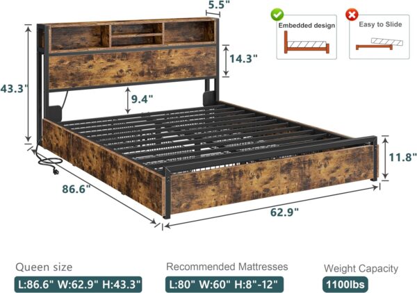 EnHomee Queen Bed Frame with 6 Storage Drawers Queen Bed Frame with Headboard Queen Size Bed Frame with Charging Station Queen Bed Frame with Storage No Noise,No Box Springs Needed,Vintage Brown - Image 2