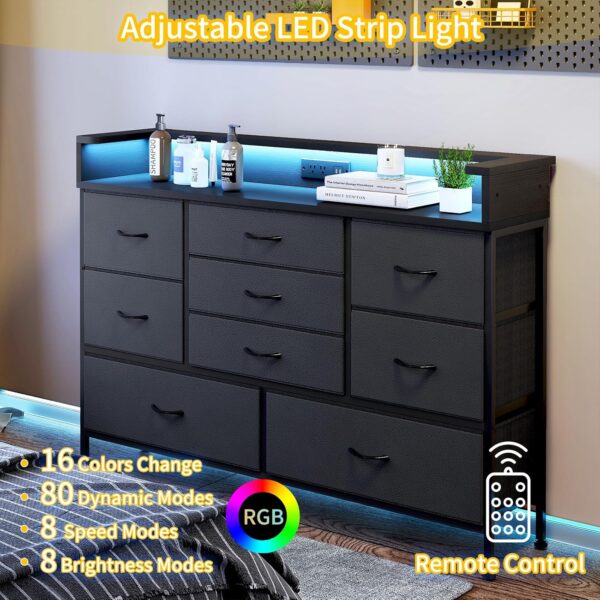Fixwal Black LED Dresser, Dresser with 9 Drawers and Charging Station, Fabric Chest of Drawers with PU Finish for Kid Room, Entryway, Living Room, Hallway - Image 3