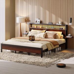 Bestier Full Size Bed Frame with Headboard and Foldable Bedside Shelves Storage, LED Platform Bed Frame with Charging Station, Non-Slip Metal Bed Frame, Noise-Free, Easy Assembly, Walnut
