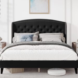 Homhougo Full Size Bed Frame, Upholstered Platform Bed with Wingback Headboard and Button Tufted Design, Wood Slat Support, Easy Assembly, No Box Spring Needed, Black