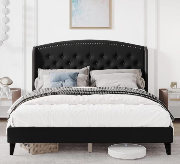 Homhougo Full Size Bed Frame, Upholstered Platform Bed with Wingback Headboard and Button Tufted Design, Wood Slat Support, Easy Assembly, No Box Spring Needed, Black