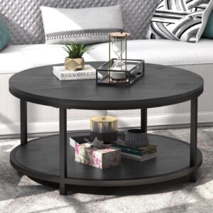 WiberWi Rustic Industrial 35.8" Round Coffee Table with Storage Shelf and Sturdy Metal Legs, Easy Assembly