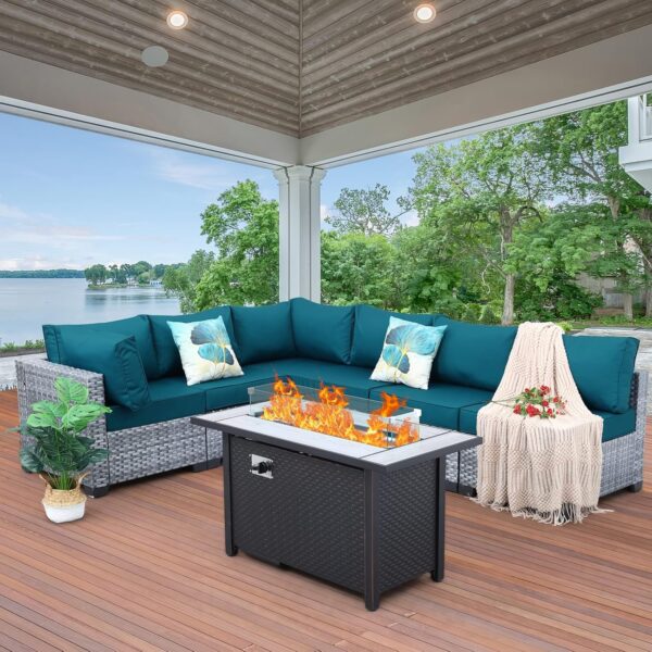 7 Pieces Wicker Patio Furniture Set,PE Rattan Outdoor Sectional Conversation Sofa Set with Fire Pit Table, Non-Slip Cushions and Furniture Cover, Peacock Blue - Image 2