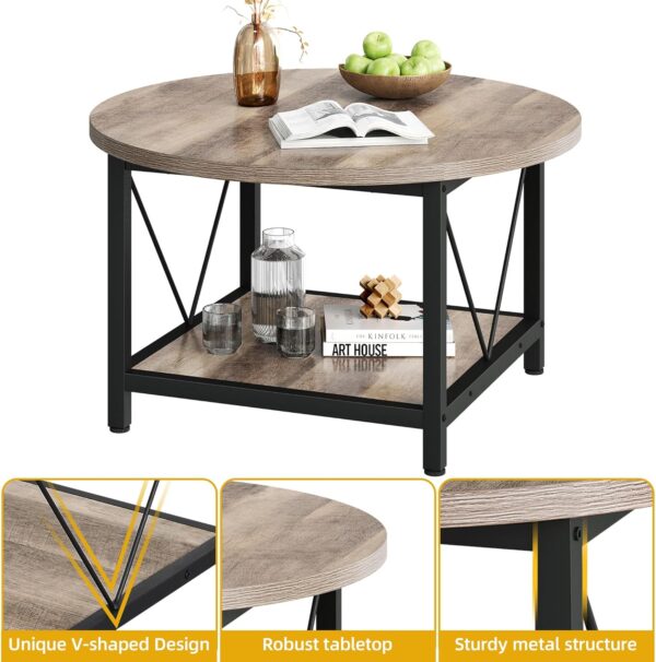 DWVO Round Coffee Table, Coffee Tables for Living Room, Small Coffee Table, 2 Tier Circle Table with Open Storage Shelf, Rustic Wood Coffee Table with Metal Frame, Easy Assembly, Grey Wash - Image 4