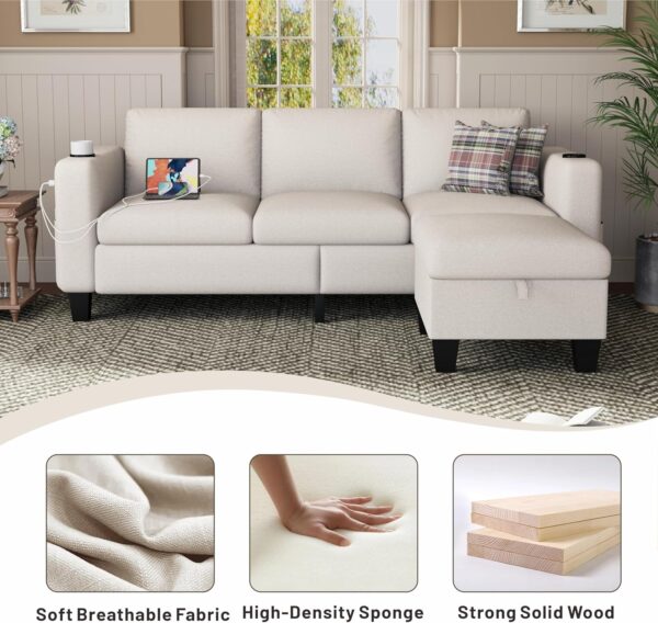 Sunrise Coast Convertible Sectional Sofa Couch, Couches for Living Room, USB+Type C Ports and 2 Cup Holders & Movable Ottoman, 3-Seat L-Shaped Couch for Living Room/Apartment/Small Space, Beige - Image 5