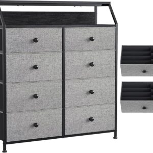REAHOME 8 Drawer Steel Frame Wood Top Storage Organizer Dresser for Closet, Living Room, and Entryway with 2 Additional Drawer Organizers, Light Grey