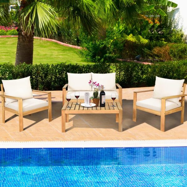 Tangkula Outdoor 4-Piece Acacia Wood Chat Set, 4 Seater Acacia Wood Conversation Sofa and Table Set with Water Resistant Cushions, Teak Finished (1, White) - Image 3
