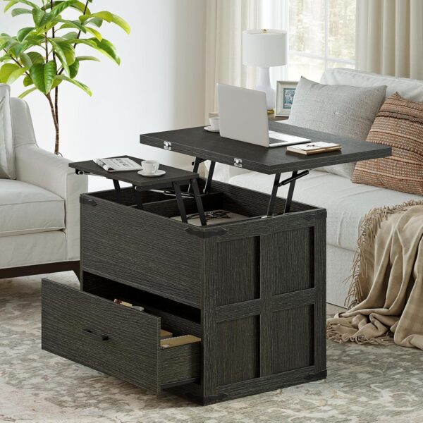 FABATO Lift Top Coffee Table, Farmhouse Coffee Table, Convertible Coffee Table with Storage and Drawer, Multifunctional Center Table Converts to Dining Game Table for Living Room, Dark Gray - Image 2
