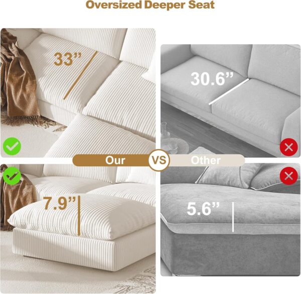 Cloud Couch Sectional,Oversized Corduroy Sectional Sofa Couch, 156'' Cloud Modular Couch with Ottoman, Deep Seat Couches for Modern Living Room/Office (Velvet, 6 Seater+Cream White) - Image 6