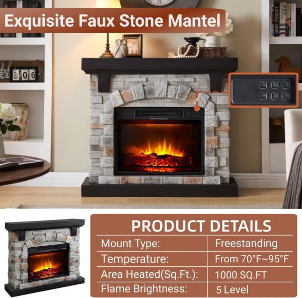 Electric Fireplace with Mantel, 40”W Faux-Stone Fireplace Mantel，Tall Fire Place Heater Freestanding with LED Flame for Living Room Bedroom, 40”Wx12”Dx35”H, Gray - Image 5