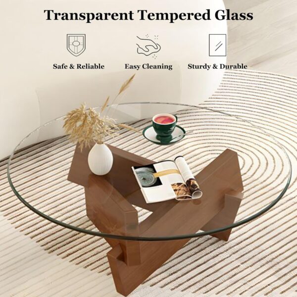 Coffee Table, Round Coffee Table for Living Room Modern Glass Coffee Table with Solid Wood Legs Farmhouse Mid Century Center Table Large Circle Cocktail Table (Walnut + Transparent, 31.5in) - Image 3