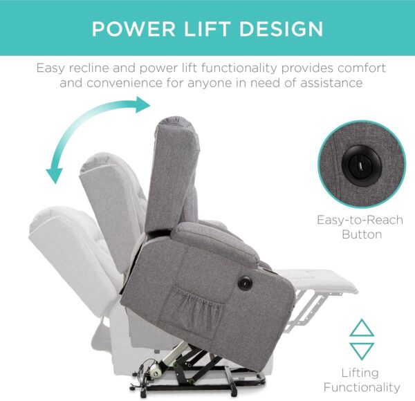 Best Choice Products Modern Linen Electric Power Lift Chair, Recliner Massage Chair, Adjustable Furniture for Back, Legs w/ 3 Positions, USB Port, Heat, Cupholders, Easy-to-Reach Button - Gray - Image 4