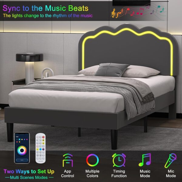 VECELO Upholstered Twin Bed Frame with Headboard Adjustable, LED Lights, USB-A & Type-C, Velvet Platform Bed Noise Free, Mattress Foundation with Wooden Slats, No Box Spring Needed, Dark Grey - Image 3