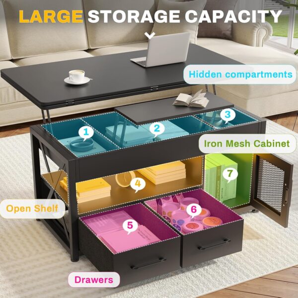 Itaar 40" Lift Top Coffee Table, 4 in 1 Coffee Tables with Storage Cabinet for Living Room, Small Farmhouse Coffee Table with 2 Fabric Drawers & LED Light for Dining Room, Black - Image 3