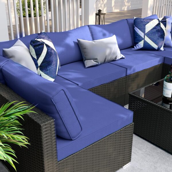 7 Pieces Patio Furniture Set - Outdoor Sectional Wicker Rattan Furniture with Cushion and Glass Table Patio Conversation Sets for Porch Poolside Backyard Outdoor Sofa Set Modular Sofa - Image 6