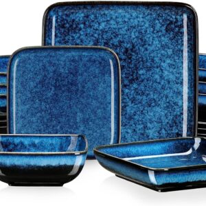 vancasso Stern Blue Dinner Set Square Reactive Glaze Tableware 16 Pieces Kitchen Dinnerware Stoneware Crockery Set with Dinner Plate, Dessert Plate, Bowl and Soup Plate Service for 4