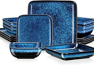 vancasso Stern Blue Dinner Set Square Reactive Glaze Tableware 16 Pieces Kitchen Dinnerware Stoneware Crockery Set with Dinner Plate, Dessert Plate, Bowl and Soup Plate Service for 4