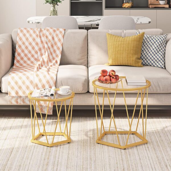 HOOBRO Small Coffee Table Set of 2, Round Coffee End Table with Metal Frame, Glass Top, Gold Side Table for Living Room, Bedroom and Balcony, Modern Style, Gold GD79BZ01 - Image 4