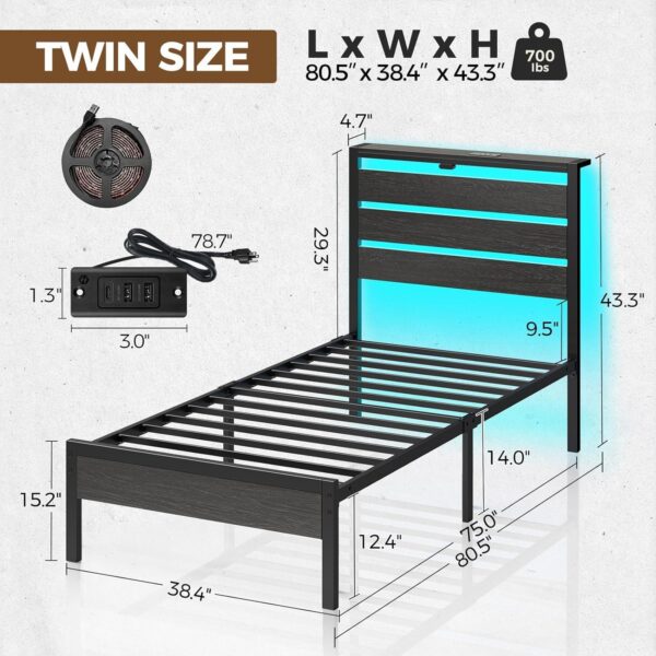 Rolanstar Bed Frame Twin Size with USB Charging Station, LED Bed Frame with Wood Storage Headboard, Black Metal Platform Bed with Under Bed Storage, No Box Spring Needed, Noise Free - Image 2