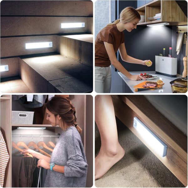 AVEVA Under Cabinet Lighting, 4 Pack Motion Sensor Light Indoor, Wireless USB Rechargeable Magnetic Closet Lights, 32 LED Under Counter Lights for Kitchen, Wardrobe, Hallway, Stairs, White Light - Image 7