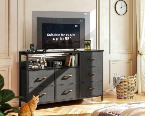 AODK Dresser with Charging Station, 52-Inch Long Dresser for Bedroom with 7 Large Fabric Drawers, Dresser TV Stand with Open Shelves for 55-Inch TV, Dark Grey - Image 2