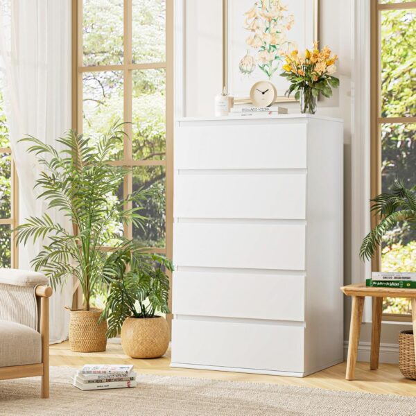 FOTOSOK White Dresser, 5 Drawer Dresser Tall White Dresser with Large Storage Space, Modern Storage Chest of Drawers, 23.6L x 17.6W x 39.1H Inch Storage Organizer Cabinet for Home, White - Image 2