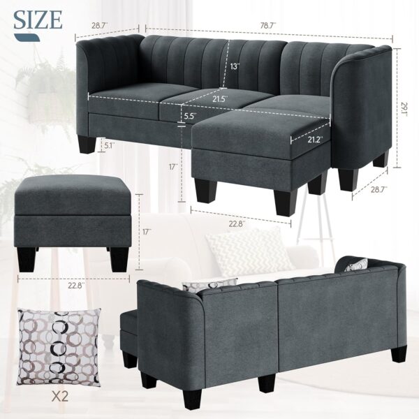 Meilocar 79” Sectional Sofa Couch, Convertible L Shaped Couch with Reversible Ottoman, Modern 3-Seat Sofa Sectional with High Armrest for Living Room, Office, Dark Grey - Image 2