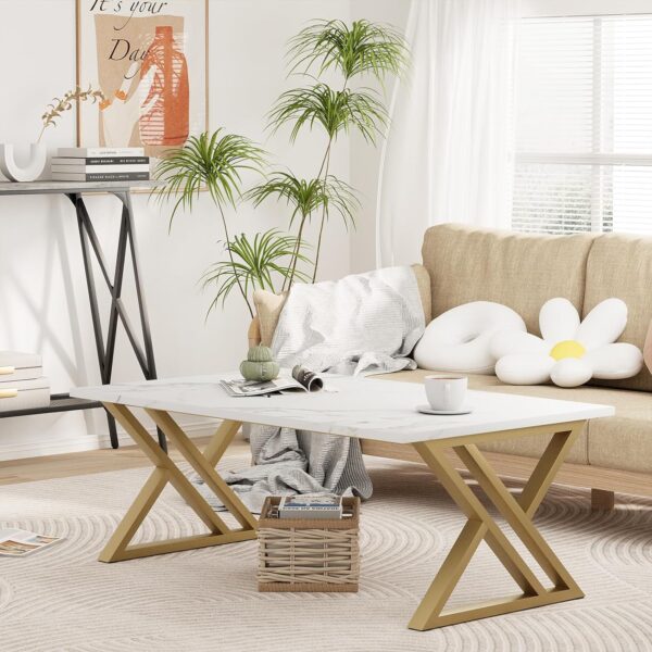 Coffee Table Living Room Table White Center Table, Simple Modern Faux Marble Rectangular Tea Table with Sturdy Gold-Finished Metal Frame,Industrial Wooden Coffee Table for Bedroom Home Office - Image 6