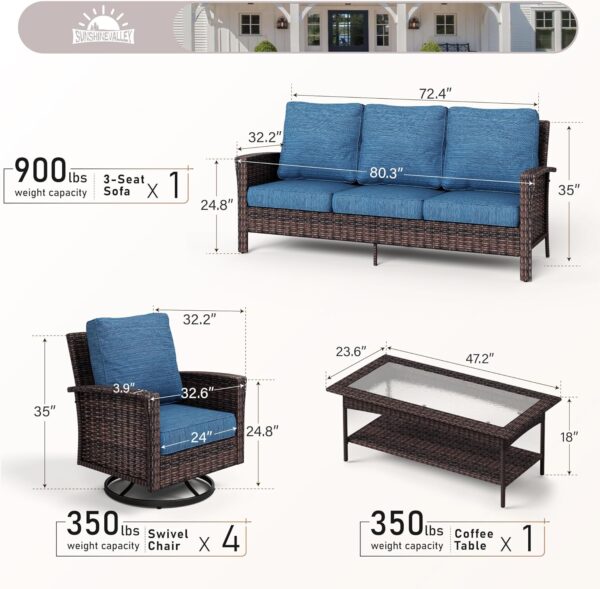 6 Pieces Patio Furniture Set with Swivel Chairs, High Back Outdoor Wicker Rattan Conversation Sets with Extra Thick Cushion,Toughened Glass Top Coffee Table - Image 6