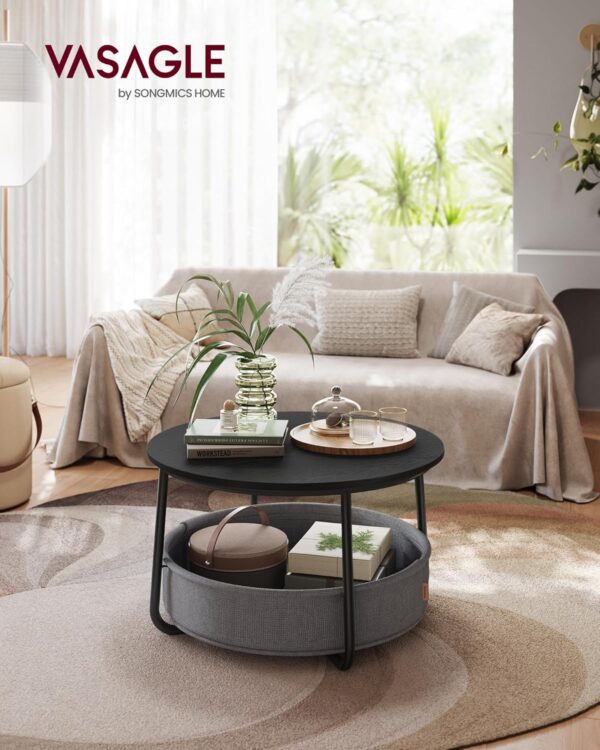 VASAGLE Coffee Table with Storage, Round Center Table for Living Room with Fabric Basket, Modern Style, Metal Frame, Ink Black and Slate Gray ULCT244B56 - Image 2