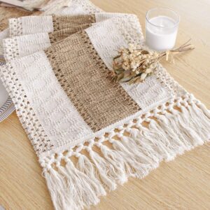 FEXIA Boho Table Runner with Tassels 108 Inches Long for Home Decor Farmhouse Table Runner Cream & Brown Rustic Macrame Table Runner for Bohemian Dining Bedroom Decor Bridal Shower (12x108 Inches)